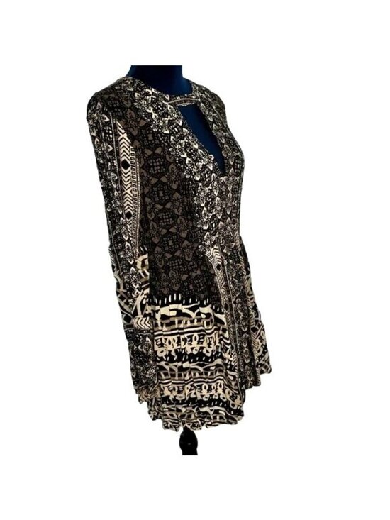 Free People Tegan Black Borders Keyhole Long Sleeve Mini Dress - Picture 7 of 8